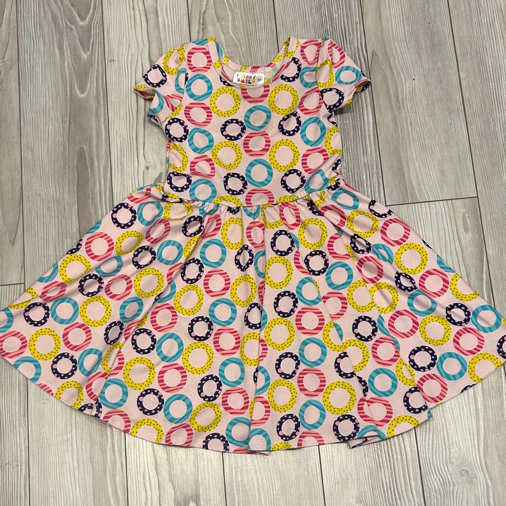 Dot Smile Girl 3-4 Multi-Colored Dots Circle Pink O Ring Cap Sleeve Twirl Dres